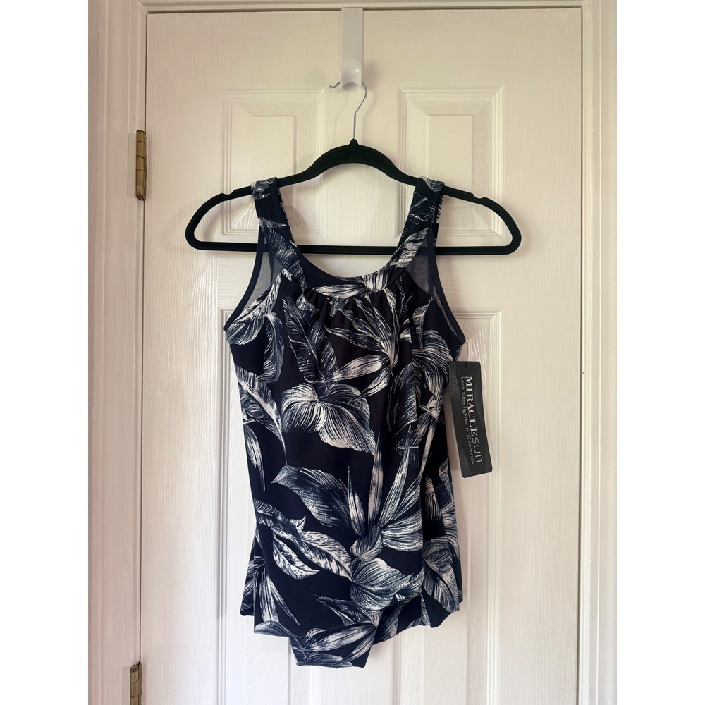 Miraclesuit Ursula Tankini Top Midnight Blue Tropical Palm Leaf Tummy Control 8